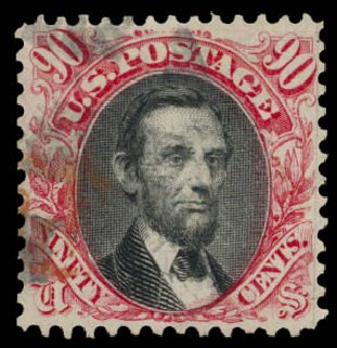 US Stamps Values Scott Catalog #122 - 1869 90c Pictorial Lincoln. Daniel Kelleher Auctions, Jan 2015, Sale 663, Lot 1355