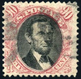US Stamp Value Scott Catalog # 122 - 90c 1869 Pictorial Lincoln. Harmer-Schau Auction Galleries, Feb 2010, Sale 84, Lot 1392