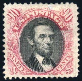 Values of US Stamp Scott # 122 - 1869 90c Pictorial Lincoln. Harmer-Schau Auction Galleries, Jun 2008, Sale 78, Lot 1363