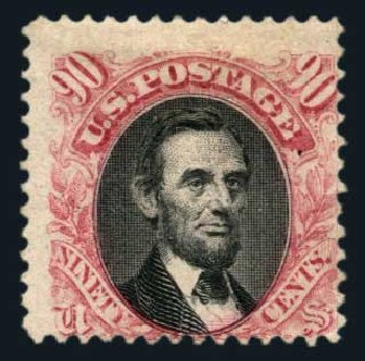 Values of US Stamp Scott Catalogue # 122 - 1869 90c Pictorial Lincoln. Harmer-Schau Auction Galleries, Aug 2014, Sale 102, Lot 1766