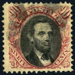 US Stamp Values Scott Catalogue #122: 1869 90c Pictorial Lincoln. Harmer-Schau Auction Galleries, Aug 2012, Sale 94, Lot 1226