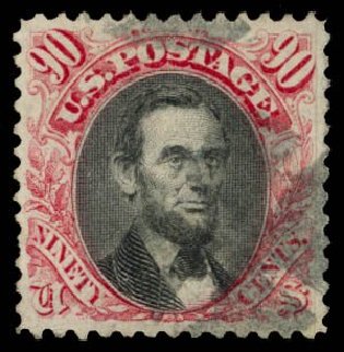 US Stamps Price Scott Catalogue #122: 90c 1869 Pictorial Lincoln. Daniel Kelleher Auctions, Dec 2014, Sale 661, Lot 126