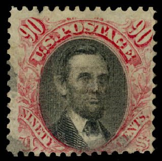US Stamp Values Scott Catalog 122 - 1869 90c Pictorial Lincoln. Daniel Kelleher Auctions, Jan 2015, Sale 663, Lot 1356