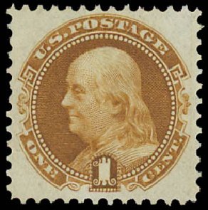 US Stamp Price Scott Cat. # 123: 1c 1875 Pictorial Re-issue Franklin. Daniel Kelleher Auctions, Jan 2012, Sale 628, Lot 297