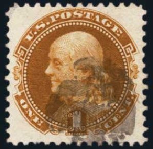 Values of US Stamp Scott # 123 - 1875 1c Pictorial Re-issue Franklin. Harmer-Schau Auction Galleries, Oct 2013, Sale 99, Lot 148