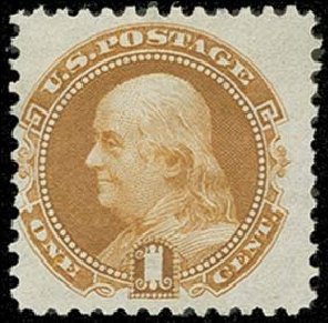 Values of US Stamp Scott Cat. 123 - 1c 1875 Pictorial Re-issue Franklin. H.R. Harmer, Oct 2014, Sale 3006, Lot 1178