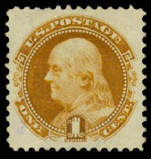 Value of US Stamp Scott Cat. 123: 1875 1c Pictorial Re-issue Franklin. Daniel Kelleher Auctions, Sep 2013, Sale 639, Lot 1049