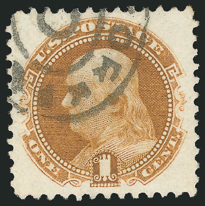 Costs of US Stamp Scott Catalog # 123 - 1875 1c Pictorial Re-issue Franklin. Robert Siegel Auction Galleries, Sep 2012, Sale 1027, Lot 19