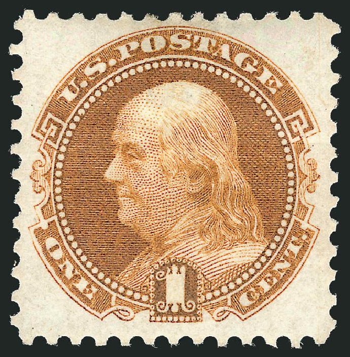 US Stamps Values Scott Catalog 123: 1c 1875 Pictorial Re-issue Franklin. Robert Siegel Auction Galleries, May 2013, Sale 1044, Lot 109