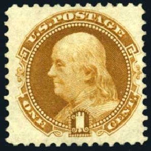 US Stamp Value Scott Cat. #123 - 1875 1c Pictorial Re-issue Franklin. Harmer-Schau Auction Galleries, Oct 2008, Sale 79, Lot 100