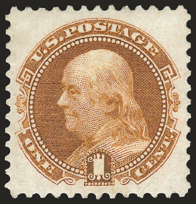 US Stamps Values Scott Catalogue 123: 1c 1875 Pictorial Re-issue Franklin. Robert Siegel Auction Galleries, Dec 2008, Sale 967, Lot 4250