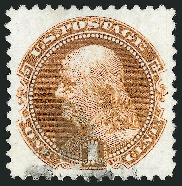 Costs of US Stamps Scott Catalogue 123: 1875 1c Pictorial Re-issue Franklin. Robert Siegel Auction Galleries, Nov 2012, Sale 1034, Lot 132