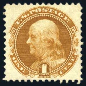 Costs of US Stamps Scott Catalog #123 - 1c 1875 Pictorial Re-issue Franklin. Harmer-Schau Auction Galleries, Feb 2010, Sale 84, Lot 1396