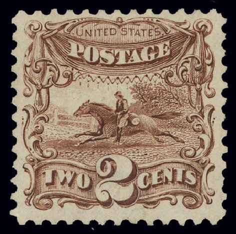 Costs of US Stamp Scott #124 - 1875 2c Pictorial Re-issue Horse Rider. Daniel Kelleher Auctions, Feb 2013, Sale 634, Lot 98