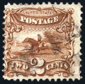 Value of US Stamp Scott 124: 1875 2c Pictorial Re-issue Horse Rider. Harmer-Schau Auction Galleries, Jul 2010, Sale 86, Lot 389