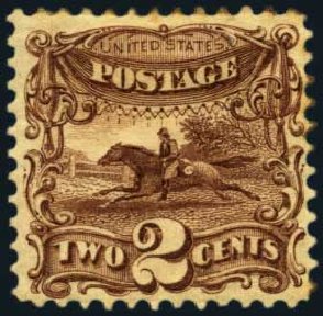 Values of US Stamps Scott Cat. #124: 1875 2c Pictorial Re-issue Horse Rider. Harmer-Schau Auction Galleries, Jan 2013, Sale 96, Lot 480