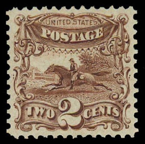 Costs of US Stamps Scott 124 - 2c 1875 Pictorial Re-issue Horse Rider. Daniel Kelleher Auctions, Oct 2011, Sale 626, Lot 150
