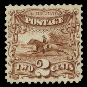Value of US Stamp Scott Catalog #124 - 1875 2c Pictorial Re-issue Horse Rider. Daniel Kelleher Auctions, Oct 2014, Sale 660, Lot 2154