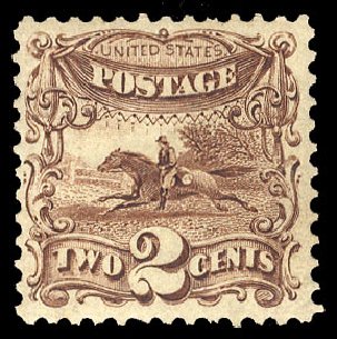 US Stamp Values Scott Catalogue # 124: 1875 2c Pictorial Re-issue Horse Rider. Cherrystone Auctions, Apr 2009, Sale 200904, Lot 26