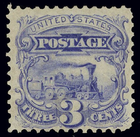 Values of US Stamp Scott # 125 - 1875 3c Pictorial Re-issue Locomotive. Daniel Kelleher Auctions, Feb 2013, Sale 634, Lot 99