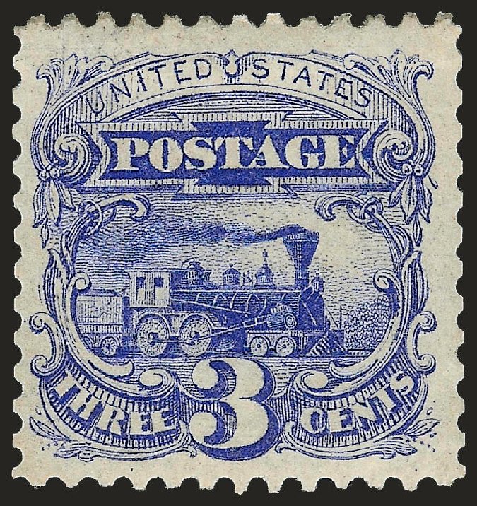 Values of US Stamp Scott Catalog 125: 1875 3c Pictorial Re-issue Locomotive. Robert Siegel Auction Galleries, Jun 2009, Sale 975, Lot 1371