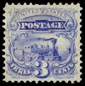 Costs of US Stamps Scott Catalogue #125: 3c 1875 Pictorial Re-issue Locomotive. Daniel Kelleher Auctions, Sep 2013, Sale 639, Lot 3233