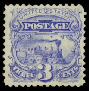 Prices of US Stamps Scott Catalogue #125 - 1875 3c Pictorial Re-issue Locomotive. Daniel Kelleher Auctions, Oct 2014, Sale 660, Lot 2156