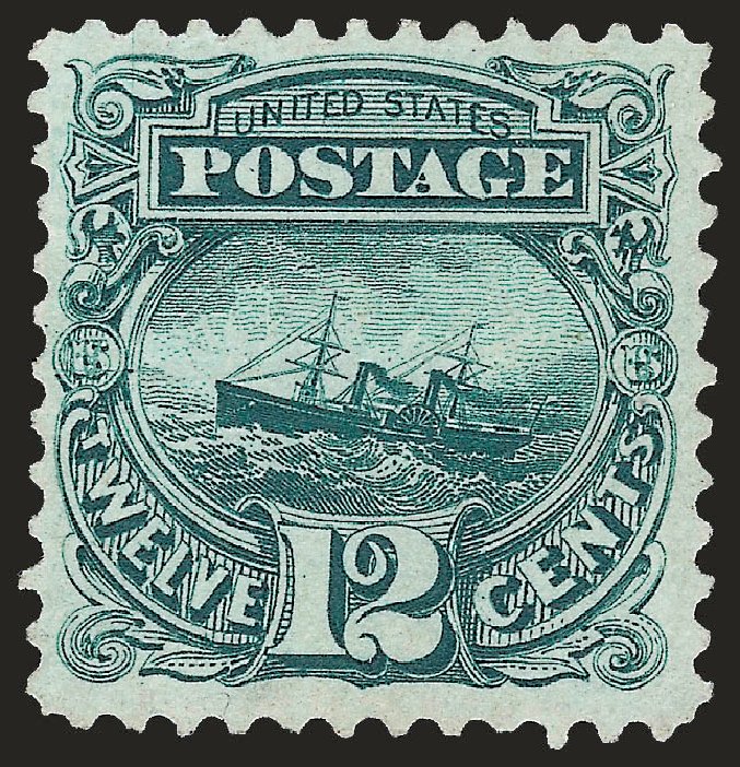 Values of US Stamps Scott #128 - 1875 12c Pictorial Re-issue S.S. Adriatic. Robert Siegel Auction Galleries, Dec 2008, Sale 967, Lot 4258