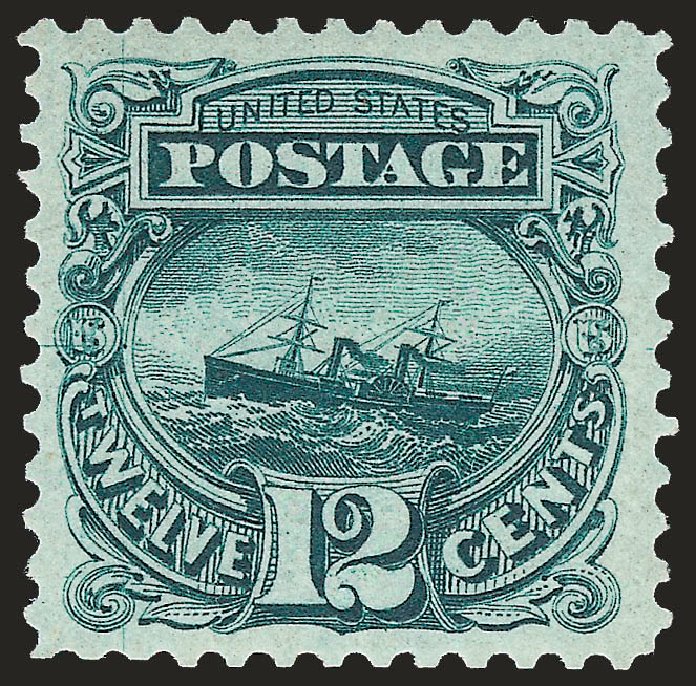 Values of US Stamp Scott #128 - 1875 12c Pictorial Re-issue S.S. Adriatic. Robert Siegel Auction Galleries, Jun 2009, Sale 973, Lot 110