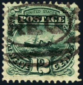 Values of US Stamp Scott 128 - 1875 12c Pictorial Re-issue S.S. Adriatic. Harmer-Schau Auction Galleries, Jan 2013, Sale 96, Lot 484