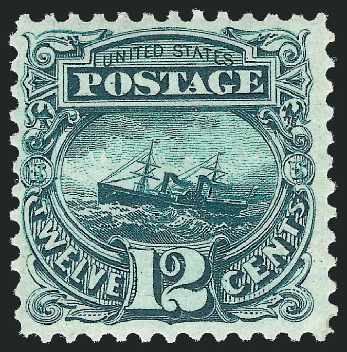 US Stamps Values Scott Catalog # 128 - 1875 12c Pictorial Re-issue S.S. Adriatic. Robert Siegel Auction Galleries, Oct 2011, Sale 1014, Lot 1334