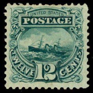 US Stamps Values Scott Cat. # 128: 1875 12c Pictorial Re-issue S.S. Adriatic. Daniel Kelleher Auctions, Apr 2013, Sale 636, Lot 152
