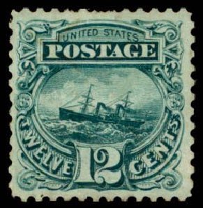 Cost of US Stamp Scott Cat. # 128: 12c 1875 Pictorial Re-issue S.S. Adriatic. Daniel Kelleher Auctions, Apr 2013, Sale 636, Lot 153