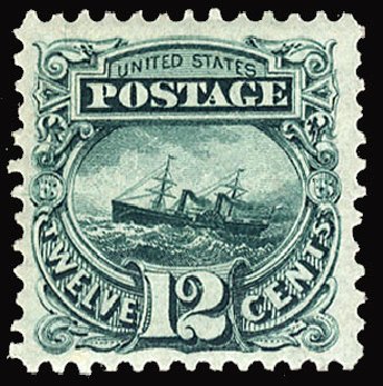 Price of US Stamps Scott Catalogue #128 - 1875 12c Pictorial Re-issue S.S. Adriatic. Cherrystone Auctions, Jun 2012, Sale 201206, Lot 86