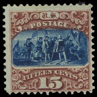 US Stamp Values Scott Cat. #129: 15c 1875 Pictorial Re-issue Columbus. Daniel Kelleher Auctions, Jan 2012, Sale 628, Lot 300