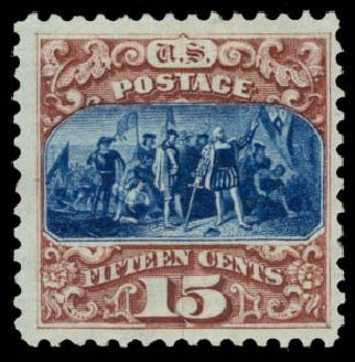 US Stamp Value Scott Catalogue # 129 - 1875 15c Pictorial Re-issue Columbus. Daniel Kelleher Auctions, Oct 2014, Sale 660, Lot 2160