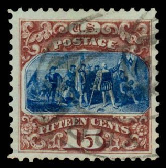 US Stamps Price Scott Cat. #129 - 1875 15c Pictorial Re-issue Columbus. Daniel Kelleher Auctions, Sep 2013, Sale 639, Lot 395
