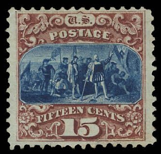 Value of US Stamps Scott #129 - 15c 1875 Pictorial Re-issue Columbus. Daniel Kelleher Auctions, Aug 2012, Sale 631, Lot 823