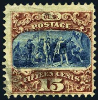 US Stamp Values Scott Catalog 129: 1875 15c Pictorial Re-issue Columbus. Harmer-Schau Auction Galleries, Jan 2013, Sale 96, Lot 486