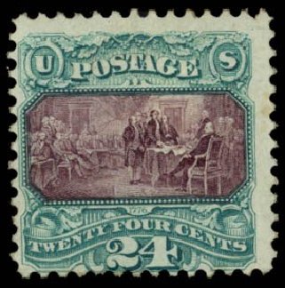 US Stamps Value Scott Cat. #130: 1875 24c Pictorial Re-issue Declaration. Daniel Kelleher Auctions, Sep 2014, Sale 655, Lot 265
