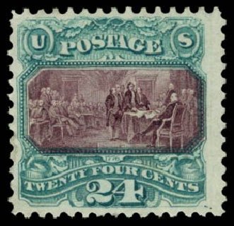 US Stamp Values Scott Catalog #130 - 1875 24c Pictorial Re-issue Declaration. Daniel Kelleher Auctions, Dec 2014, Sale 661, Lot 135