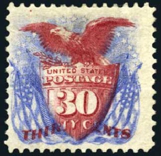 Prices of US Stamps Scott Catalog #131 - 30c 1875 Pictorial Re-issue Shield Eagle Flags. Harmer-Schau Auction Galleries, Oct 2008, Sale 79, Lot 107
