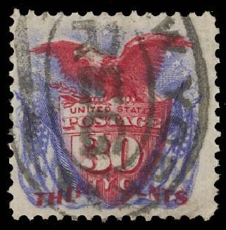 Values of US Stamps Scott Cat. # 131 - 1875 30c Pictorial Re-issue Shield Eagle Flags. Daniel Kelleher Auctions, Aug 2012, Sale 631, Lot 828