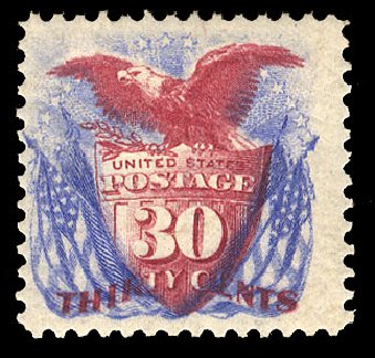 US Stamps Values Scott #131: 1875 30c Pictorial Re-issue Shield Eagle Flags. Cherrystone Auctions, Apr 2009, Sale 200904, Lot 29