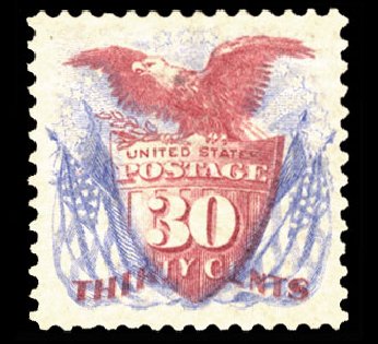 Costs of US Stamp Scott Cat. 131: 30c 1875 Pictorial Re-issue Shield Eagle Flags. Cherrystone Auctions, Mar 2010, Sale 201003, Lot 120