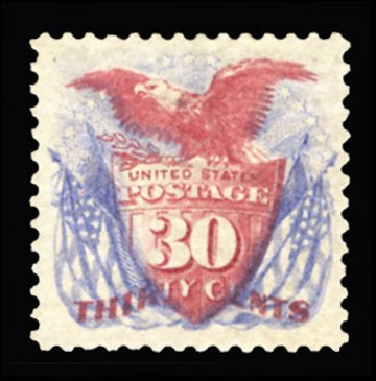Value of US Stamp Scott 131 - 30c 1875 Pictorial Re-issue Shield Eagle Flags. Cherrystone Auctions, Sep 2013, Sale 201309, Lot 10