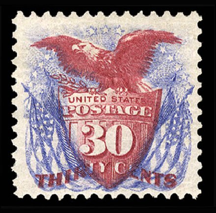 US Stamp Values Scott #131 - 1875 30c Pictorial Re-issue Shield Eagle Flags. Cherrystone Auctions, May 2013, Sale 201305, Lot 81
