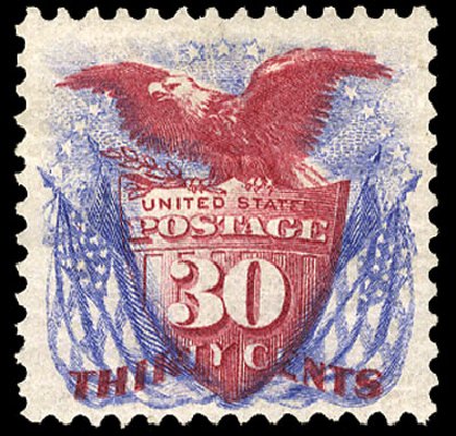 US Stamps Price Scott 131: 1875 30c Pictorial Re-issue Shield Eagle Flags. Cherrystone Auctions, Jan 2009, Sale 200901, Lot 135