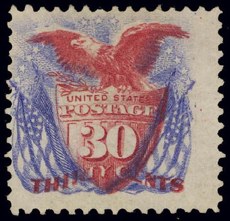 Value of US Stamp Scott Cat. #131 - 1875 30c Pictorial Re-issue Shield Eagle Flags. Daniel Kelleher Auctions, Feb 2013, Sale 634, Lot 105