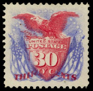 Value of US Stamp Scott 131: 1875 30c Pictorial Re-issue Shield Eagle Flags. Daniel Kelleher Auctions, Mar 2014, Sale 648, Lot 2073